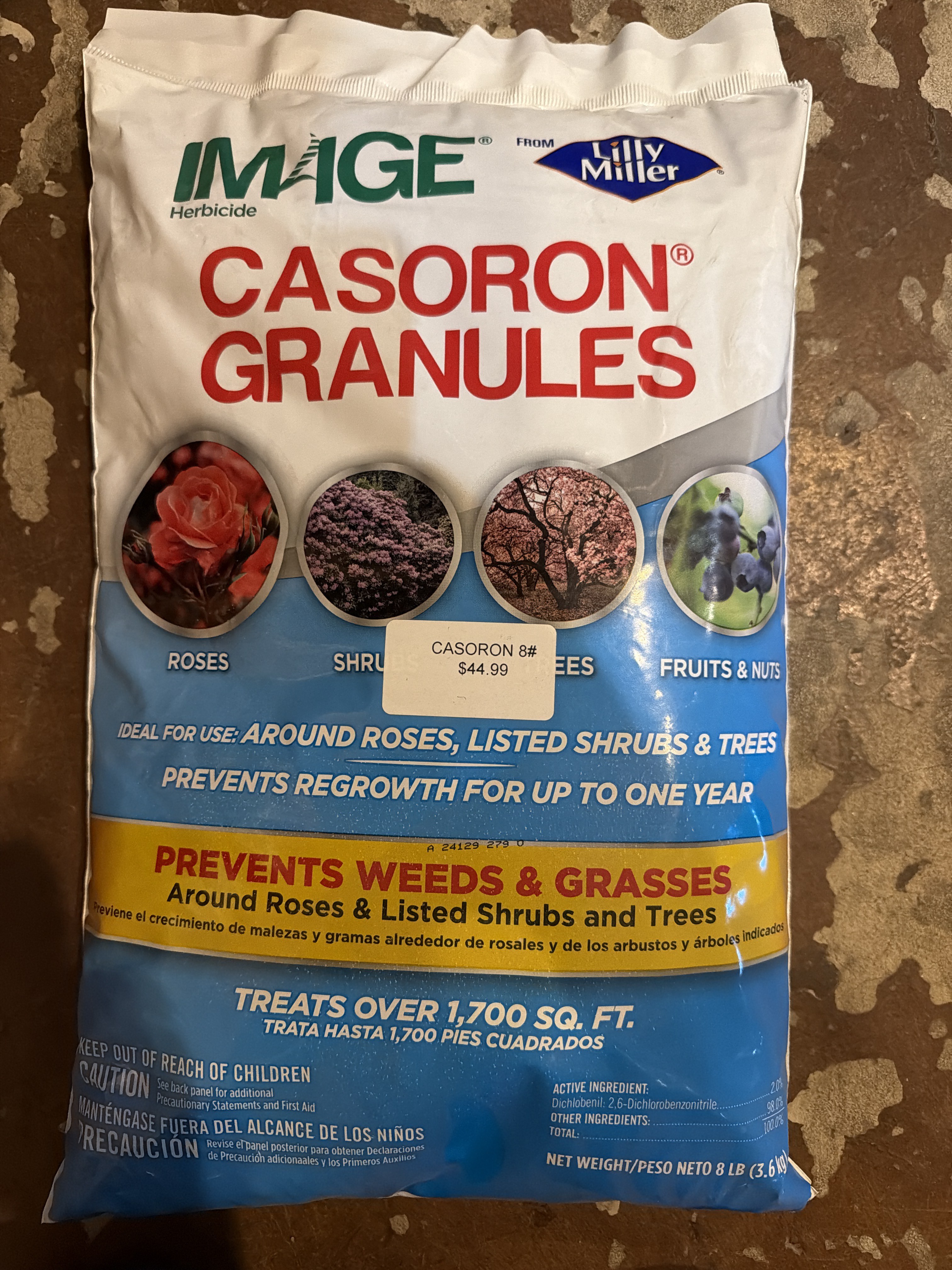 IMAGE from Lilly Miller Casoron Granules bag showing the product name and 2 percent dichlobenil formulation.