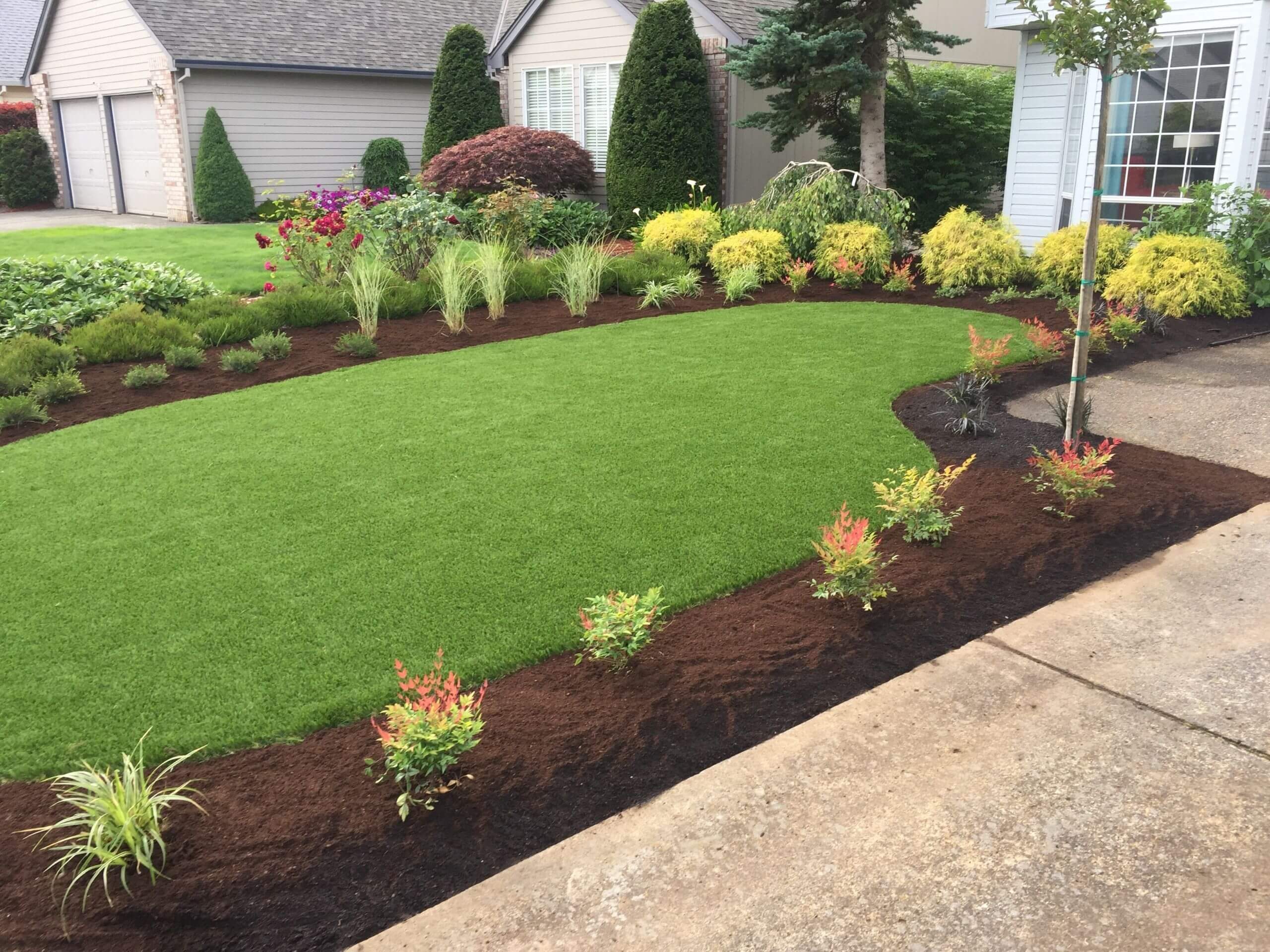 Artificial turf edge beside a planted bed and concrete walkway